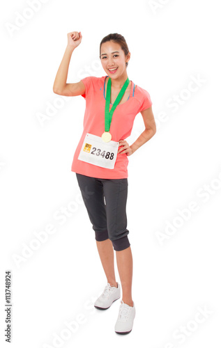 Woman Runner Got Medal Isolated On White. © sirikornt