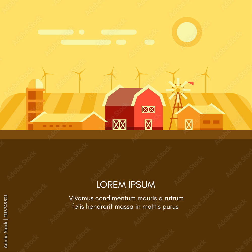 Farm, barn, grain field, windmills and sunrise landscape. Colored flat vector illustration with a field for text on bottom