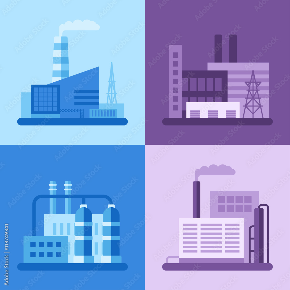 A set of four flat vector monochrome illustrations with scenes of factory buildings.