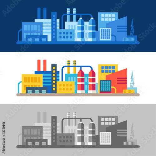 A set of three horizontal flat vector colored and monochrome in gray and blue illustrations with scenes of factory buildings