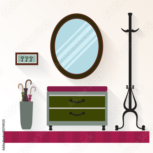 Vector interior hallway with mirror and  commode . Hallway home  interior with furniture. 