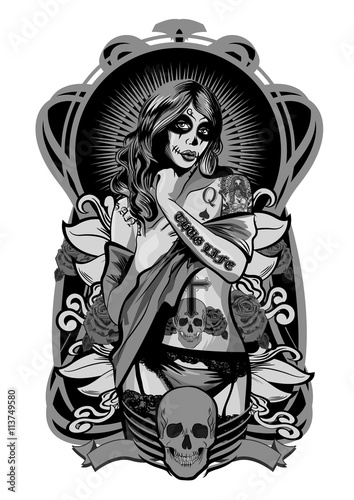 Vector illustration of a beautiful woman. Chicano tattoo style.