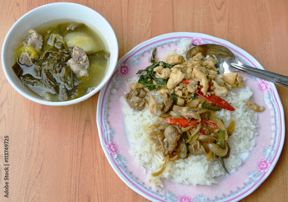 spicy stir fried chicken with basil leaf and pickled cabbage soup spicy stir fried chicken with basil leaf and pickled cabbage soup