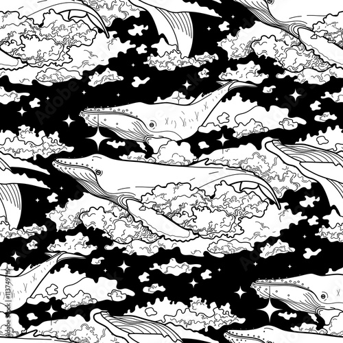 Graphic whales flying in the sky