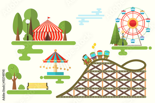 Set of vector cartoon flat design composition with amusement park elements for infographic