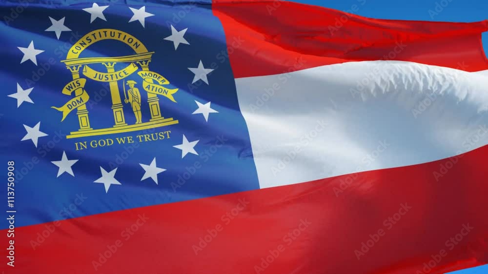Georgia (U.S. state) flag waving in slow motion against clean blue sky, seamlessly looped, close up, isolated on alpha channel with black and white  matte, perfect for film, news, digital composition