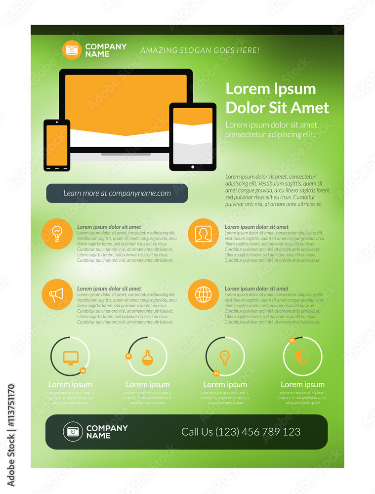 Vector Business Flyer Design Template for Mobile Application or New Smartphone. Vector Brochure Design Layout Template. Yellow and Green Colors