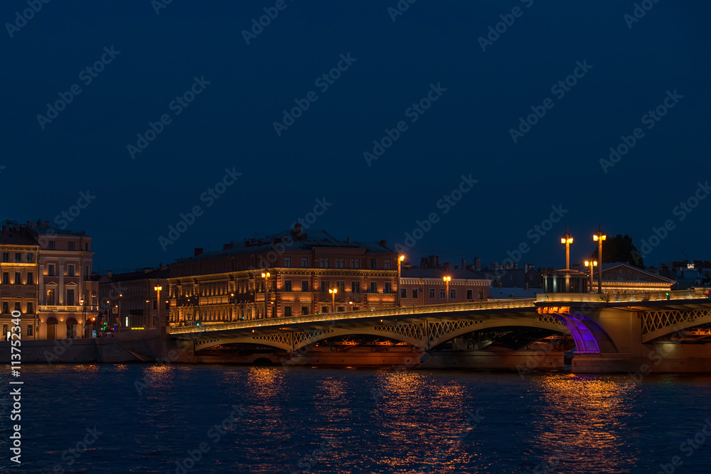 Night panorama of Palace Embankment in Petersburg