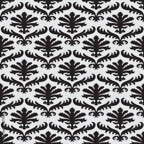 Wrapping floral foliage damask seamless wallpaper for website, leaves repeating foliage western drapery flower organic black white luxury tiled old revival venetian fashion fabric elegant trend