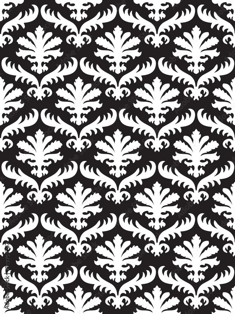 Obraz premium Wrapping floral foliage damask seamless wallpaper for website, leaves repeating foliage western drapery flower organic black white luxury tiled old revival venetian fashion fabric elegant trend
