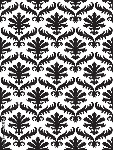 Wrapping floral foliage damask seamless wallpaper for website, leaves repeating foliage western drapery flower organic black white luxury tiled old revival venetian fashion fabric elegant trend