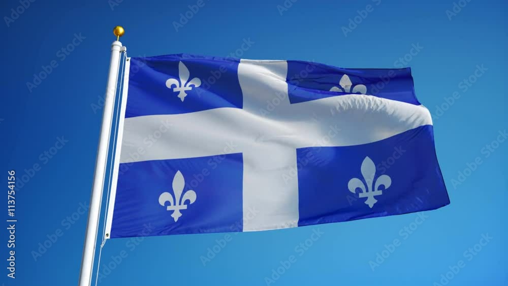 Quebec Color Quebec flag waving in slow motion against blue sky, seamlessly looped ...