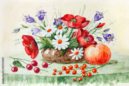 rural still life, red poppies, bluebells, daisies, wildflowers, apples and berries. watercolor painting. Illustration