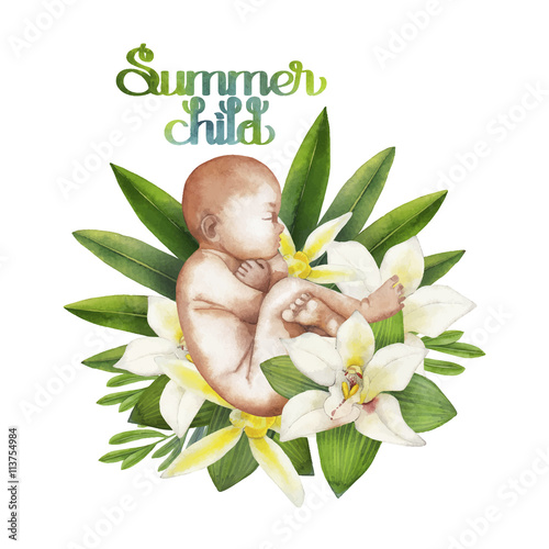 Watercolor fetus with floral decorations