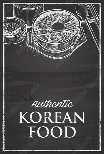 Hand drawn of Bibimbap on a chalk board - Korean Mixed Rice with Meat and Assorted Vegetables