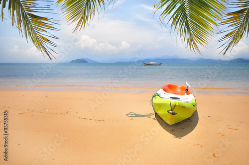 Kayak boat with coconut palm leaves on tropical beach background, happy summer holiday concept