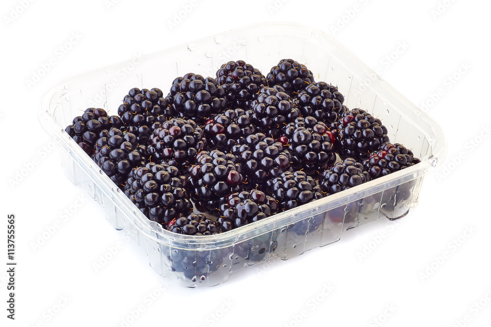 punnet of blackberries on white