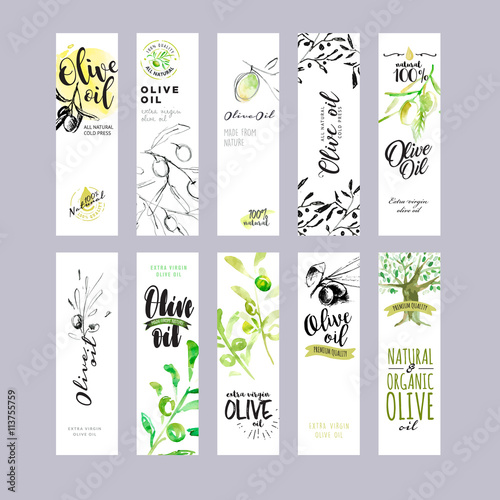 Hand drawn watercolor olive oil labels collection. Vector illustrations concepts for olive oil packaging.