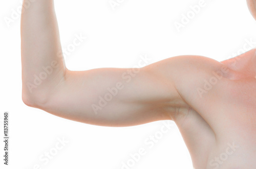 One woman bare shoulder and arm bent at the elbow