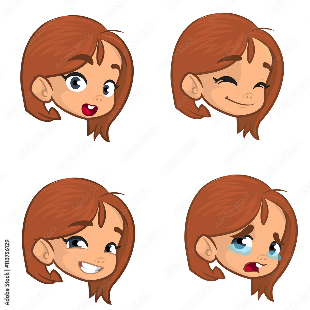 Teenage girl making four different face expressions set. Girl face expressions, vector illustration Teenage girl making four different face expressions set. Girl face expressions, vector illustration