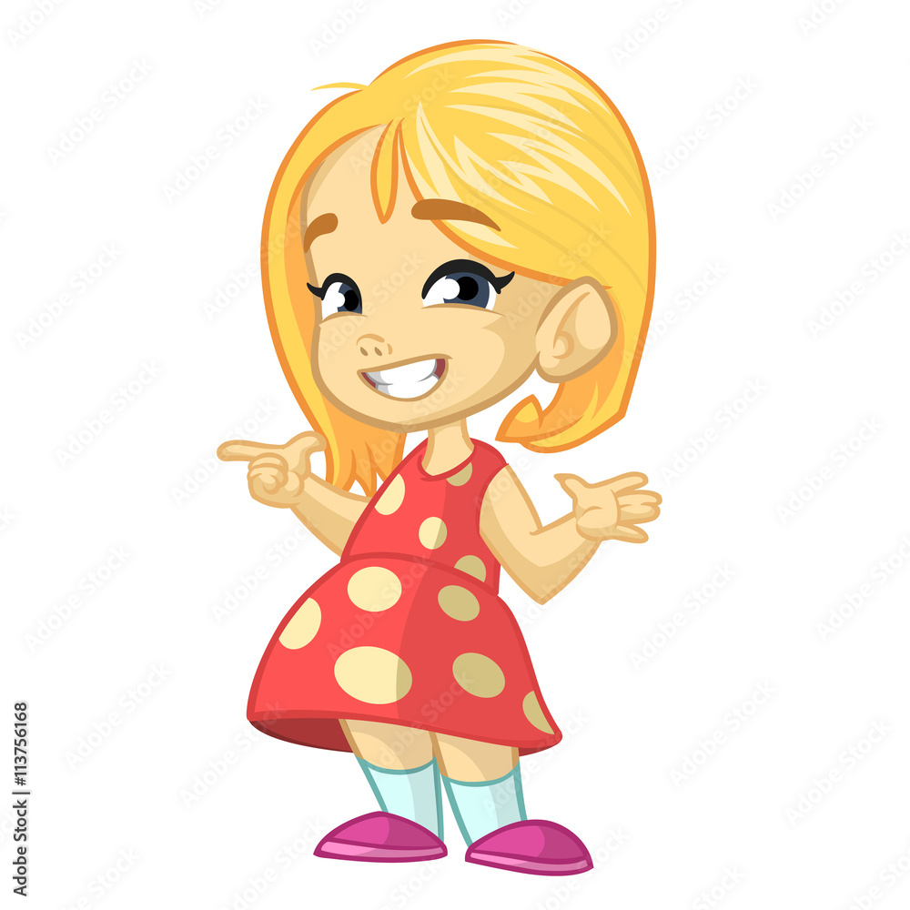 Vector illustration of a happy little girl in a red dotted dress presenting with her hand Vector illustration of a happy little girl in a red dotted dress presenting with her hand