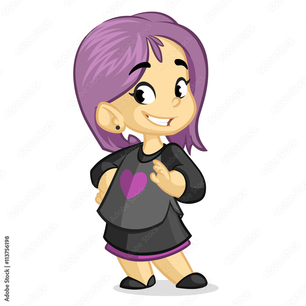 Cute little girl with violet hair dressed in black standing and smiling. Vector cartoon kid