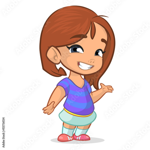 Vector illustration of a happy little girl presenting with her hand. Cute girl in a shirt skirt