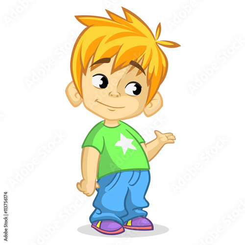 Cute blonde boy waving and smiling. Vector cartoon  illustration of a boy presenting