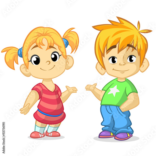 Cute cartoon boy and girl with hands up vector illustration. Boy and girl  greeting design. Kids summer dress. Children vector. Casual style dressed  children. Blond brother and sister presenting. Stock Vector |