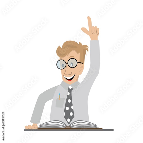 man reading a book, found in it the solution of the question, happily raised up hand, vector illustration cartoon