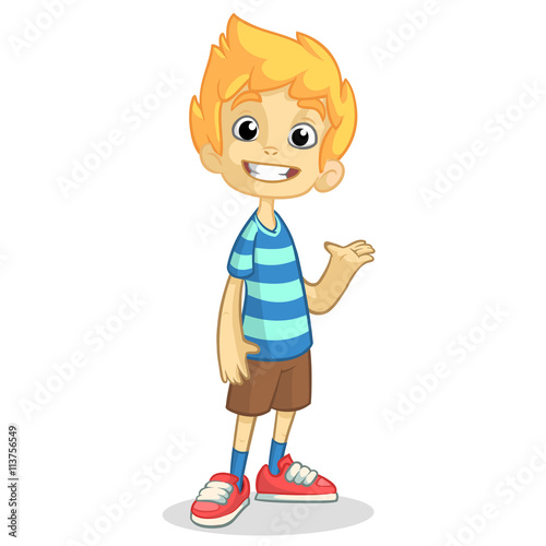 Cute blonde boy waving and smiling. Vector cartoon  illustration of a teenager in a striped blue t-shirt presenting