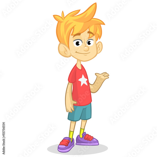 Cute blonde boy waving and smiling. Vector cartoon  illustration of a teenager in red t-shirt presenting