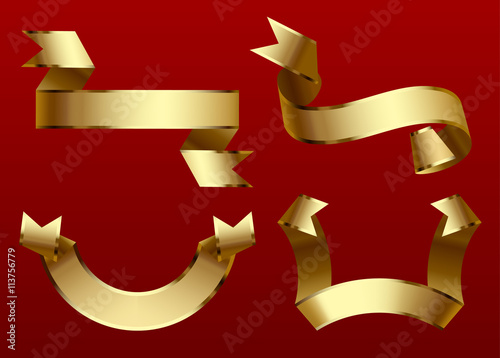 Gold ribbons set isolated on dark red background