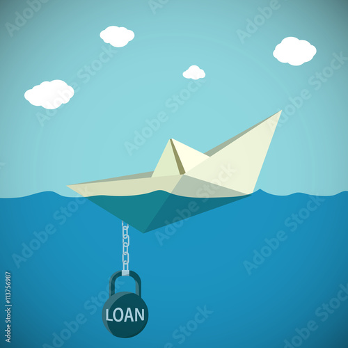 Paper Boat chained to the weight with the inscription loan. Stoc