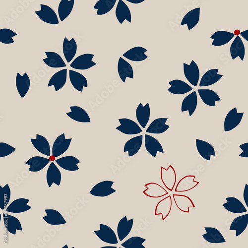 Seamless traditional Japanese sakura pattern, cherry blossom, navy blue and red on ecru background. Ethnic textile design.