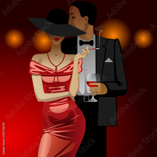 Man and woman in Evening Dress dark on dark red background