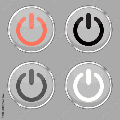 Vector On/Off button icons set. On / Off button circles with shadows and hotspot. On/off sign symbols. Switch buttons with chrome ring. Clip art graphic flat design element