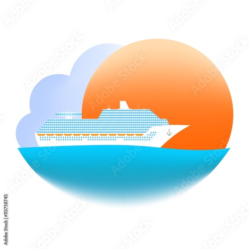 Summer sea landscape with the blue ocean with white transoceanic ship at sunset with orange sun and blue cloud. The transoceanic cruise ship with windows, anchor, chain and observation tower.