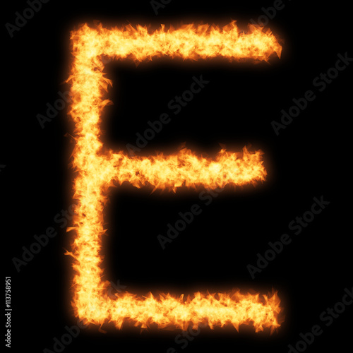 Capital letter E with fire on black background- Helvetica font based