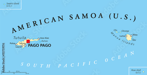 Samoan Islands political map with Samoa, formerly known as Western Samoa and American Samoa and their capitals Apia and Pago Pago. English labeling and scaling. Illustration. photo