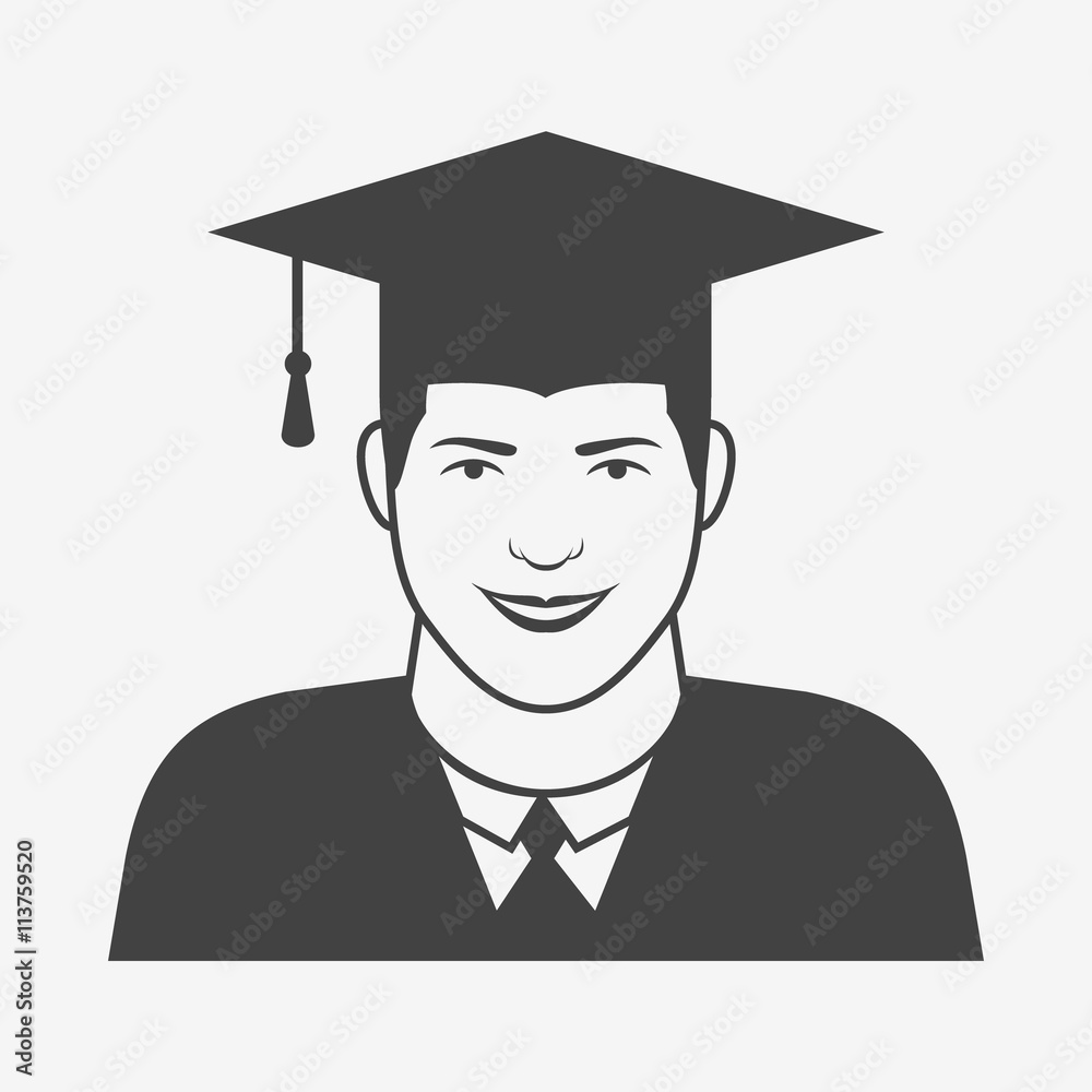 Male graduate in mantle and graduation cap monochrome icon. Vector illustration. Male graduate in mantle and graduation cap monochrome icon. Vector illustration.
