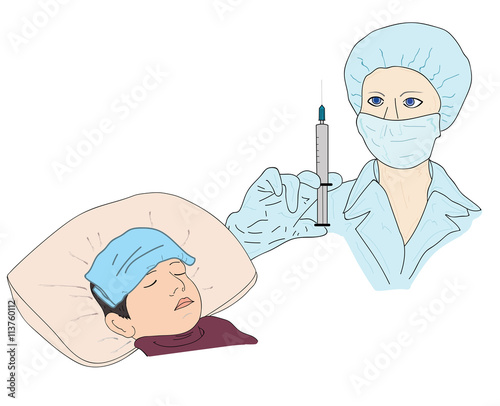nurse with a syringe. sick child. vector illustration