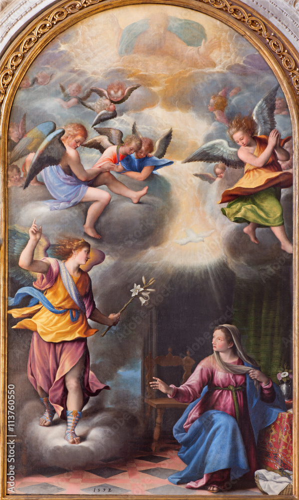 BRESCIA, ITALY - MAY 22, 2016: The Annunciation painting in church Chiesa di Santa Maria dei Miracoli by Pietro Maria Bagnatore (1548 - 1627)