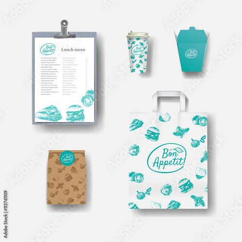 Vector restaurant cafe set: paper coffee cups, menu, package