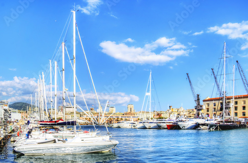 View of the port of Genoa. urban landscape, buildings typical of Liguria. HDR version.