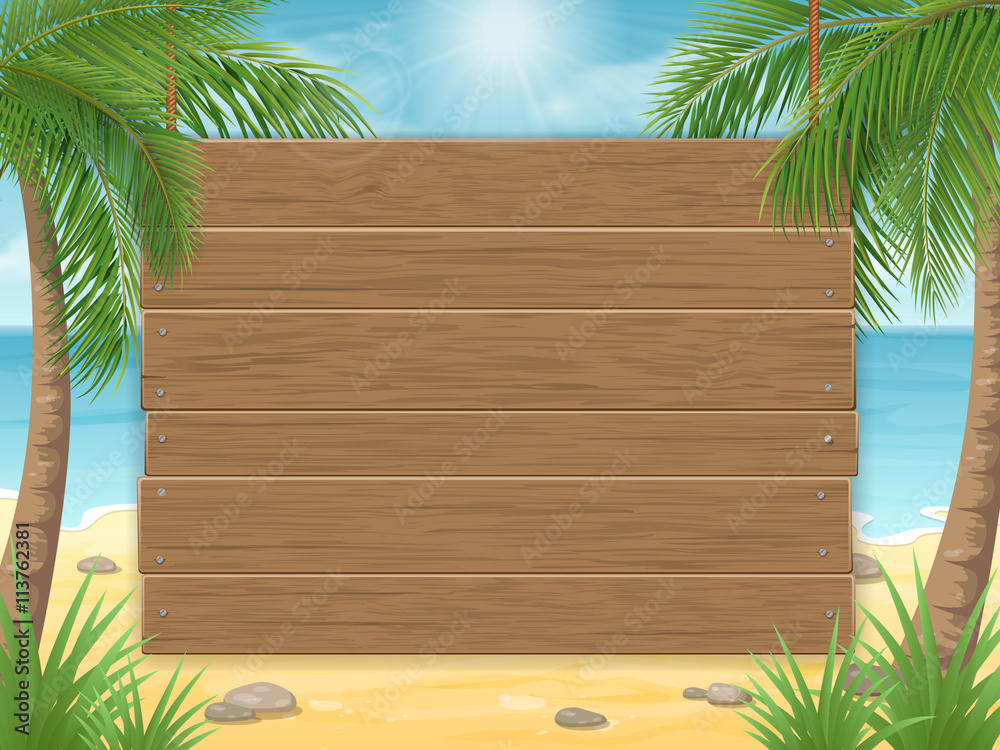 Empty wooden sign on tropical beach with palm tree. Vector tropical ...