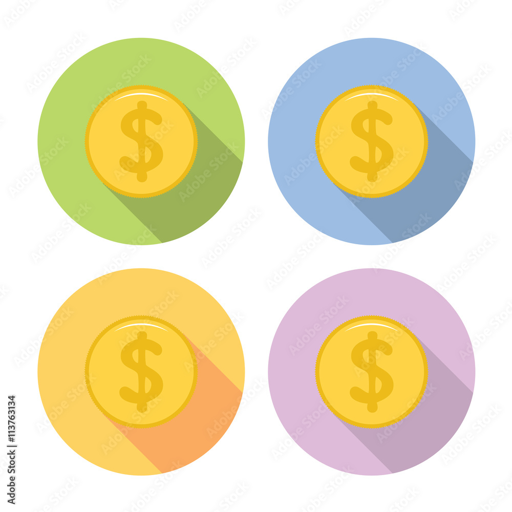 Golden Dollar Coin Flat Icons Set Golden Dollar Coin Flat Icons Set