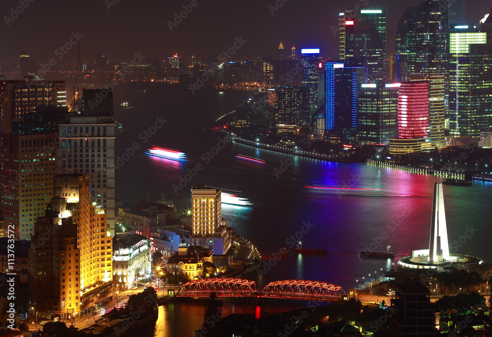 Fototapeta premium Aerial photography at Shanghai bund Skyline of night scene