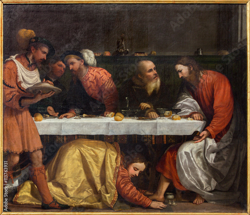 BRESCIA, ITALY - MAY 23, 2016:  The painting of The Supper in the house of simon the pharisee in church Chiesa di San Giovanni Evangelista by Girolamo Romani - Romanino (1484 - 1559). photo