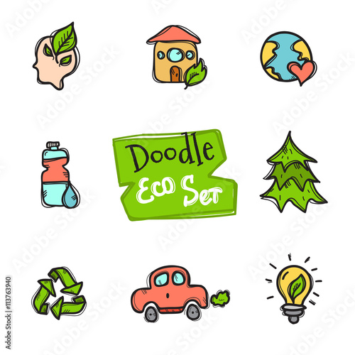 Vector doodle style eco set. Cute hand drawn collection of ecological icons